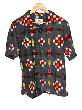 Wax London mens short sleeve print cotton shirt Aztec grey print small